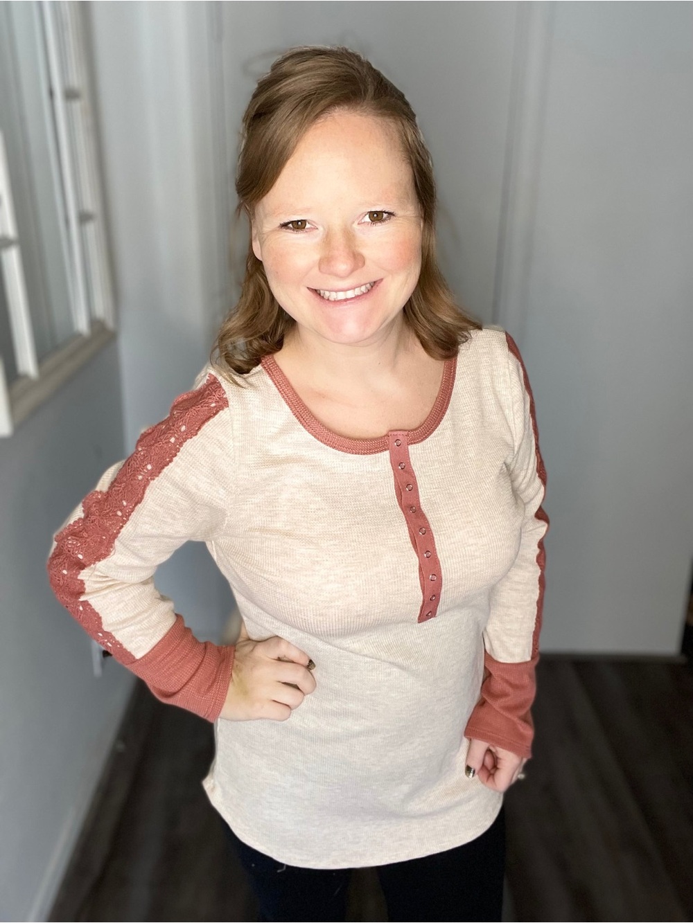 Womens Cream and Rust Lace-Trim Henley Top